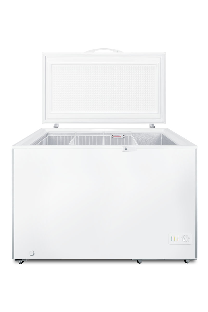 Commercially listed 12.1 cu.ft. manual defrost chest freezer in white with stainless steel corner guards and lock